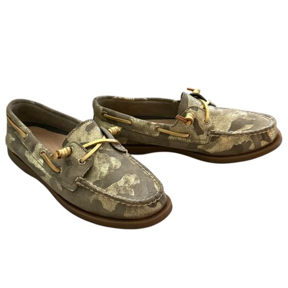 Sperry Green Gold Metallic Camouflage Top Sider Loafer Size 7.5 - Picture 3 of 8